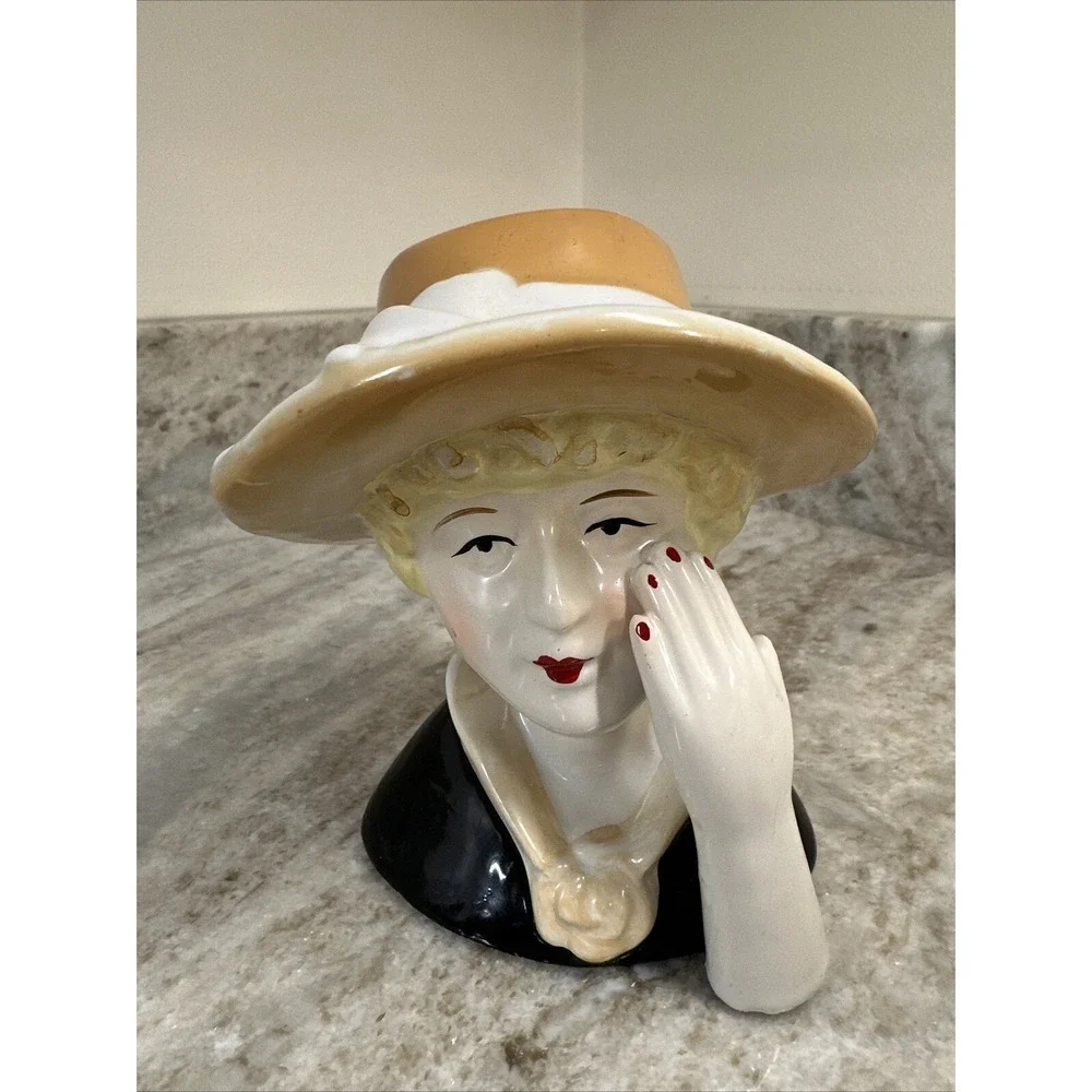 Vintage Lady In Yellow Hat Bust Red Lipstick & Nails 1950s MCM Figurine